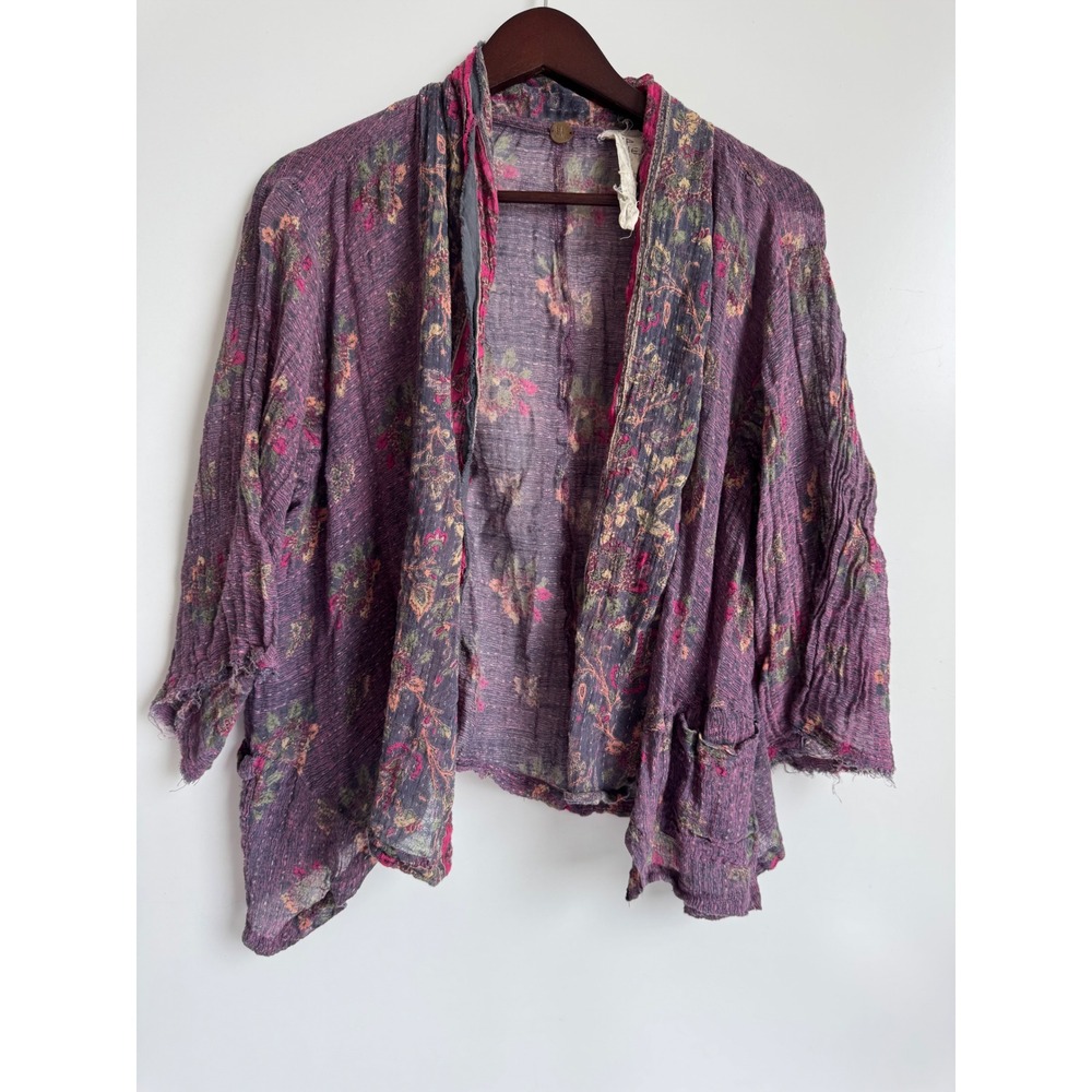 FP One Free People Purple Floral Cotton Gauze Kimono Jacket Boho XS/S hippie